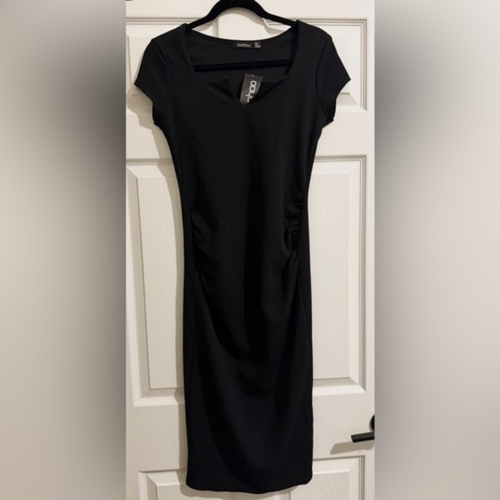 Boohoo Black Maternity Midi Dress with Cap Sleeves